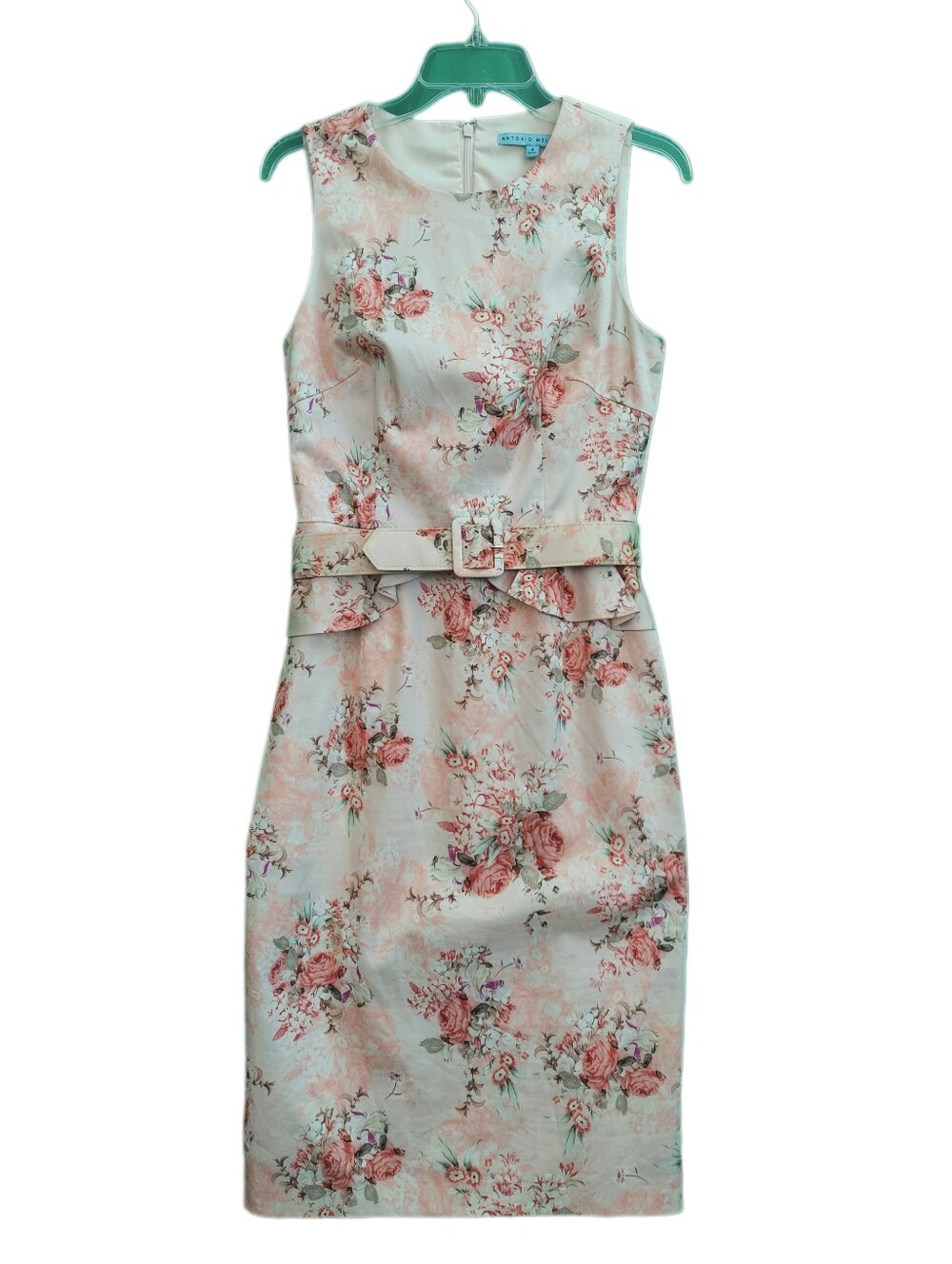 ANTONIO MELANI Floral Belted Sheath Dress in Blush and Cream, Size 4